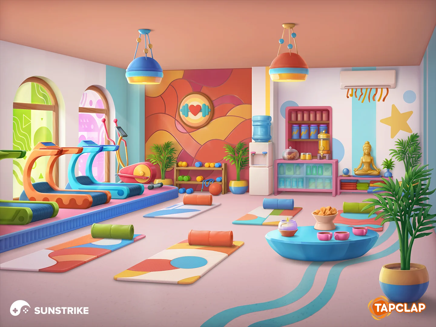 Bright colorful home gym location for Tapclap: DesignVille