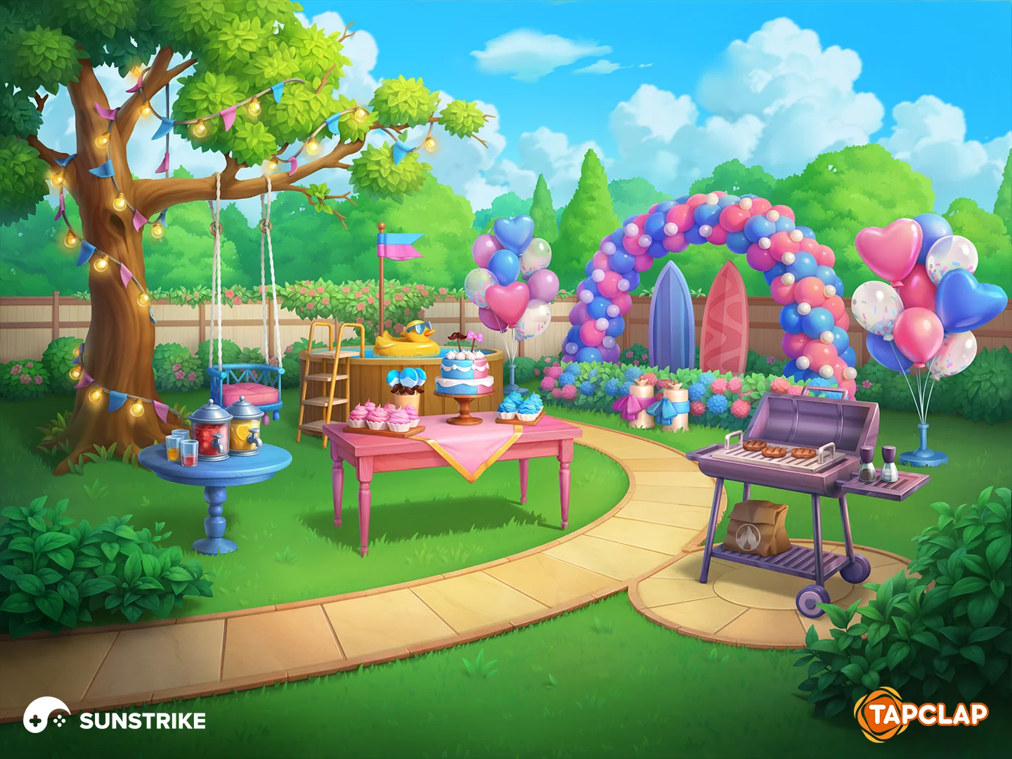 Gender-party garden with balloon arch for Tapclap: DesignVille