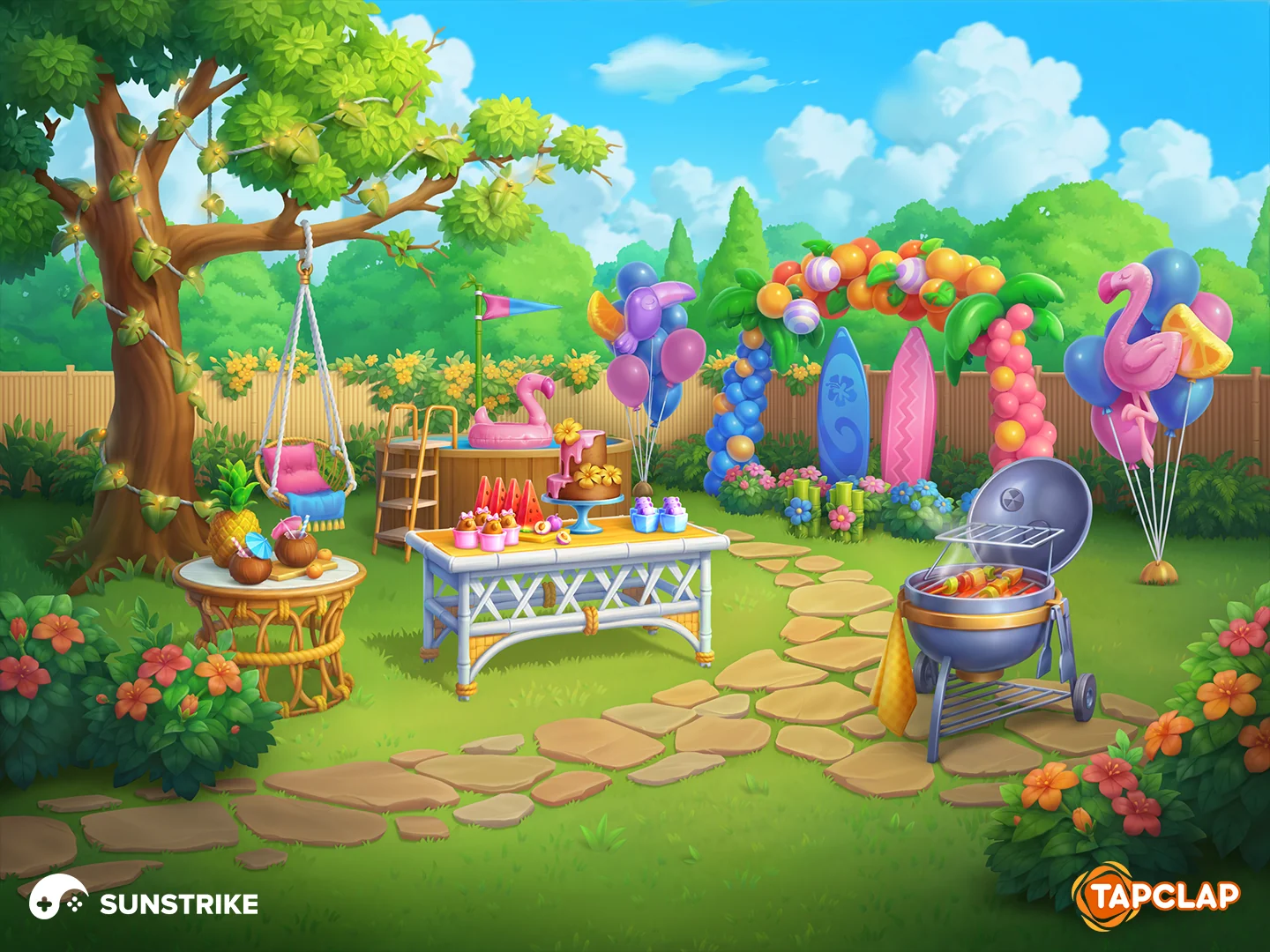 Decorated gender-party garden location for Tapclap: DesignVille