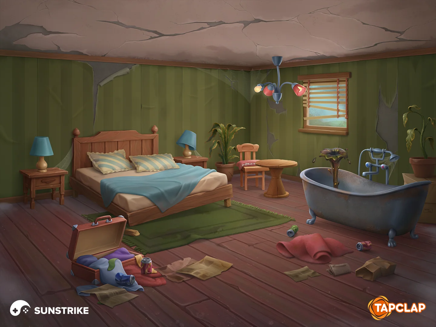 Run-down hotel bedroom location for Tapclap: DesignVille
