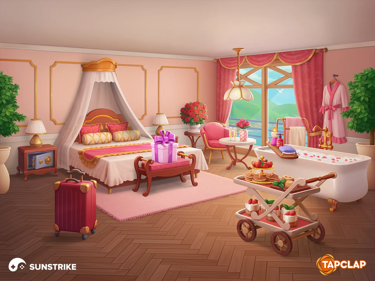 Elegant pink hotel suite location for Tapclap: DesignVille