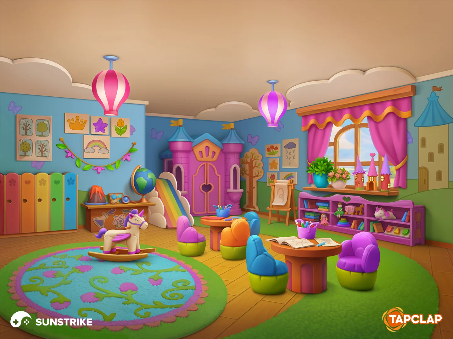 Colorful kindergarten with castle lockers for Tapclap: DesignVille
