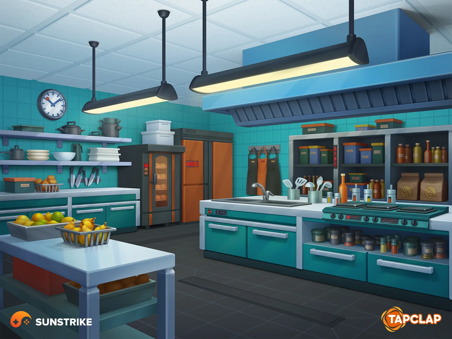 Industrial teal kitchen location for Tapclap: DesignVille