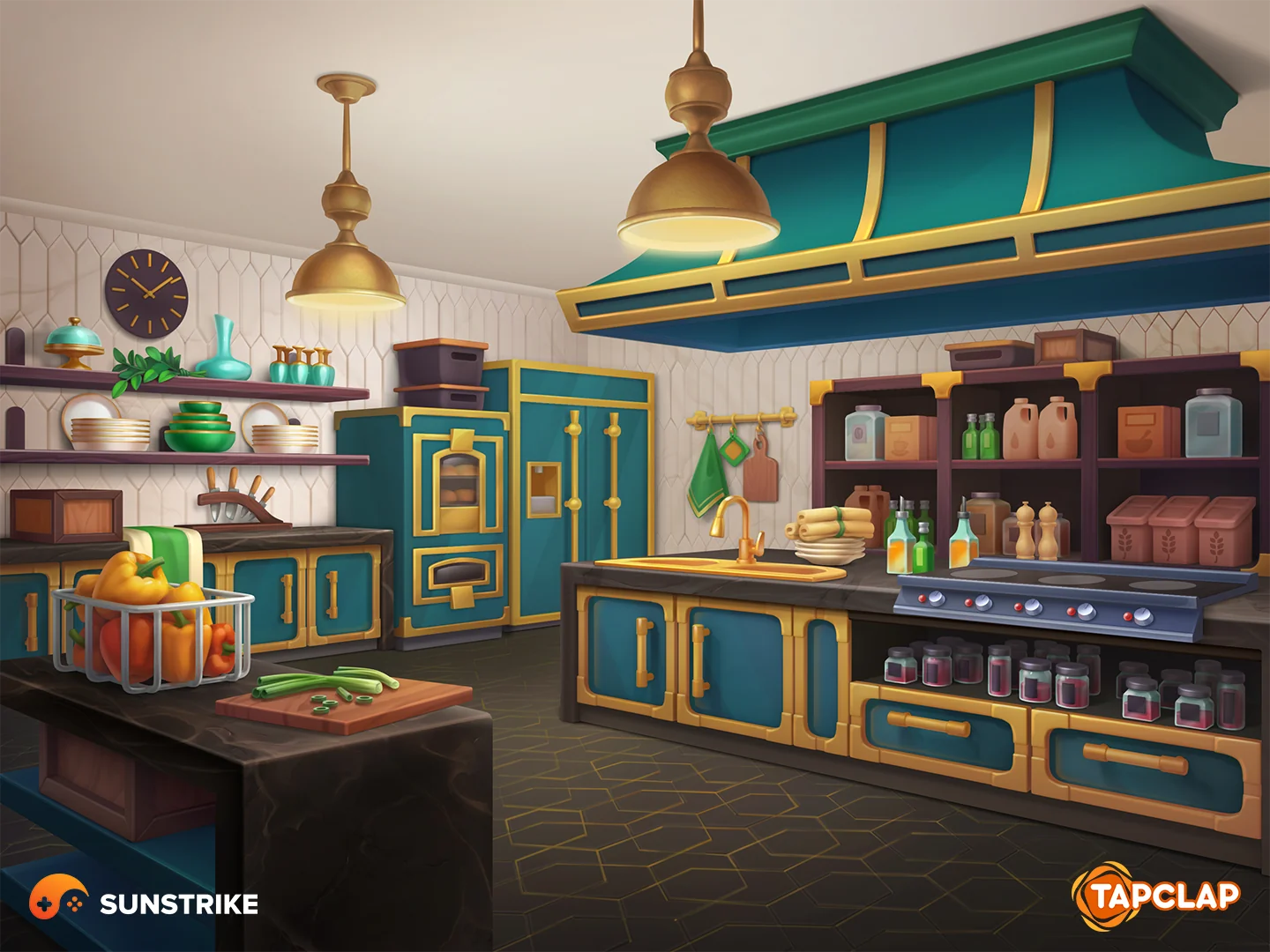 Elegant dark-teal kitchen location for Tapclap: DesignVille