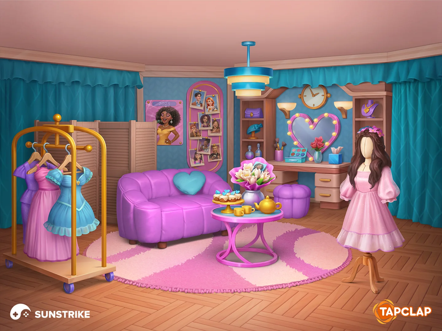 Blue-and-pink makeup room boutique for Tapclap: DesignVille