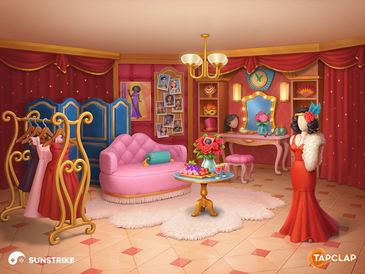 Glamorous red-and-gold makeup room for Tapclap: DesignVille