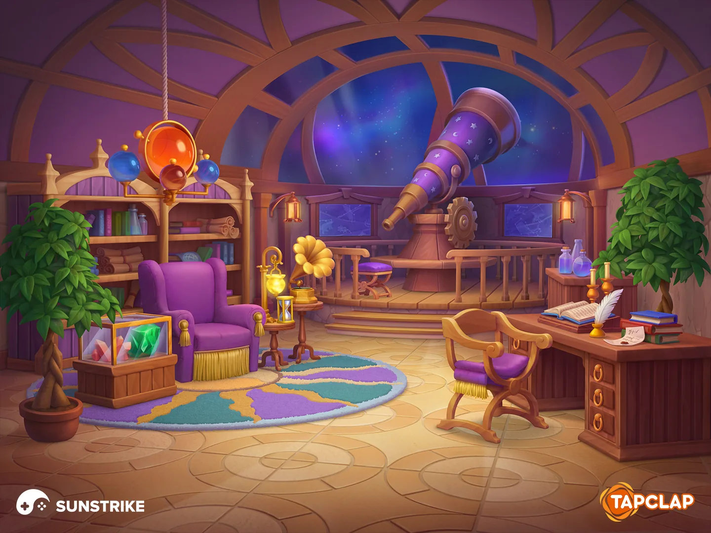 Cosy wooden observatory with a purple armchair, gramophone and brass orrery for Tapclap: DesignVille