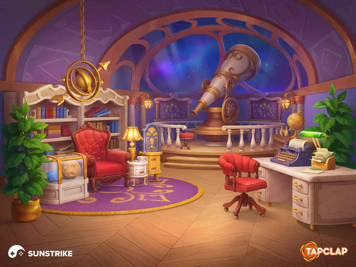 Classic observatory with a red velvet armchair, typewriter and marble balustrade for Tapclap: DesignVille