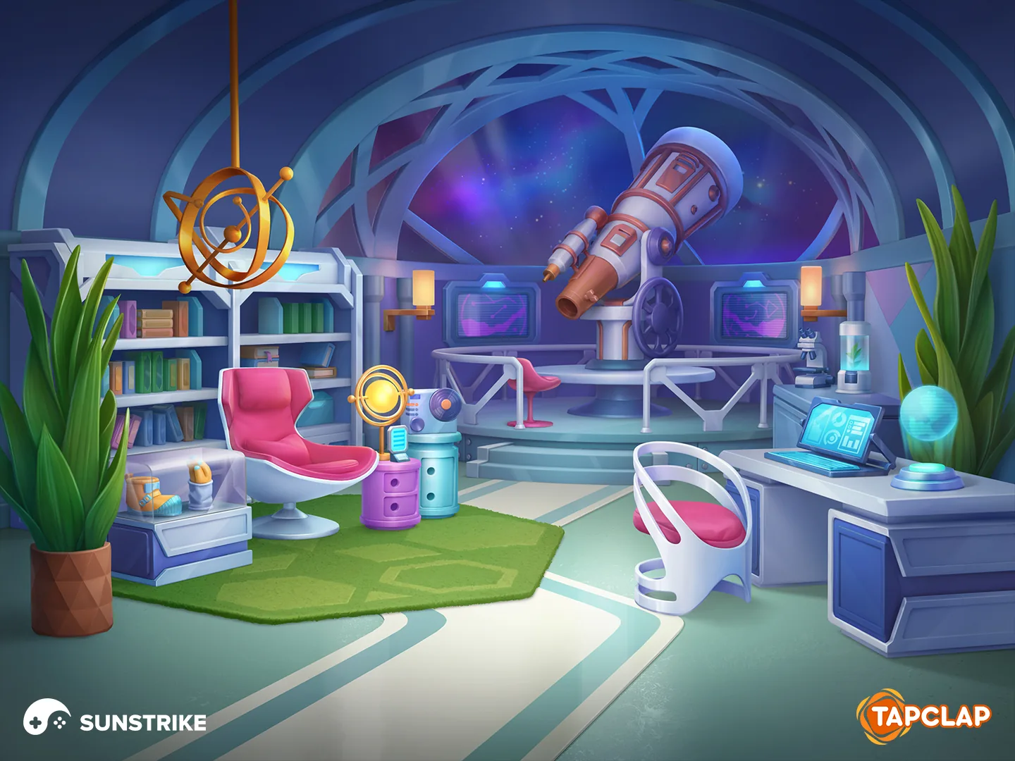 Futuristic observatory with glowing panels, a holographic globe and a white telescope for Tapclap: DesignVille