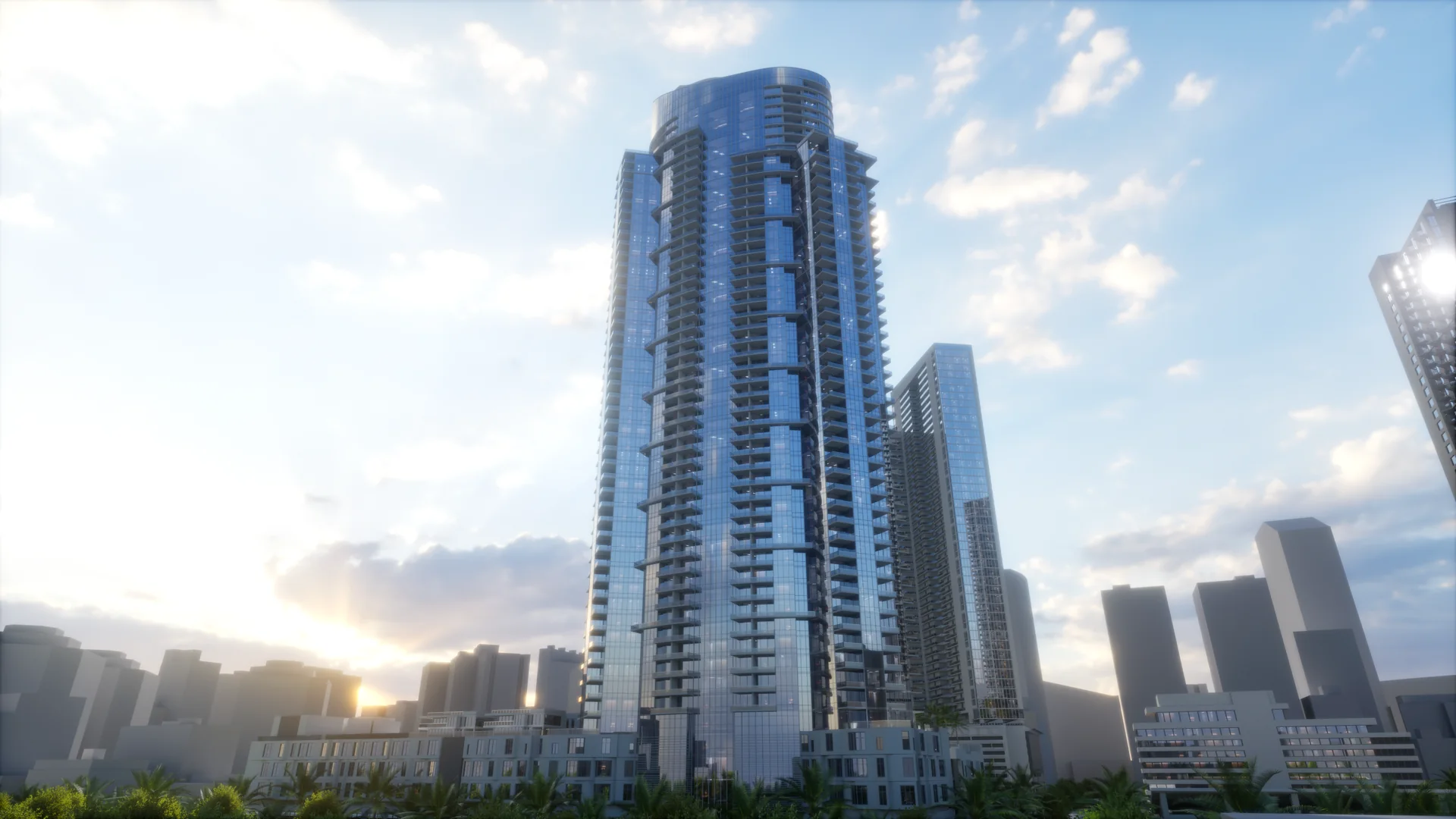 Curved glass residential tower at golden hour with the sun low behind the Florida skyline - architectural visualization in Unreal Engine