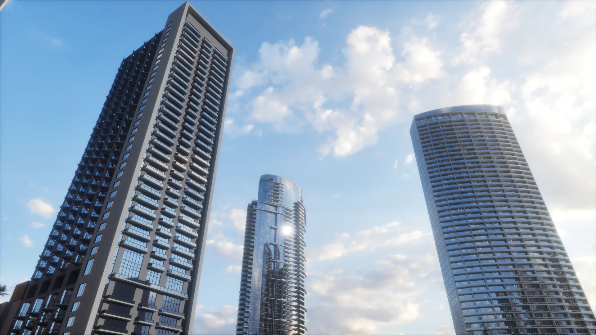 Low-angle view of a dark framed tower and a curved glass skyscraper in Unreal Engine