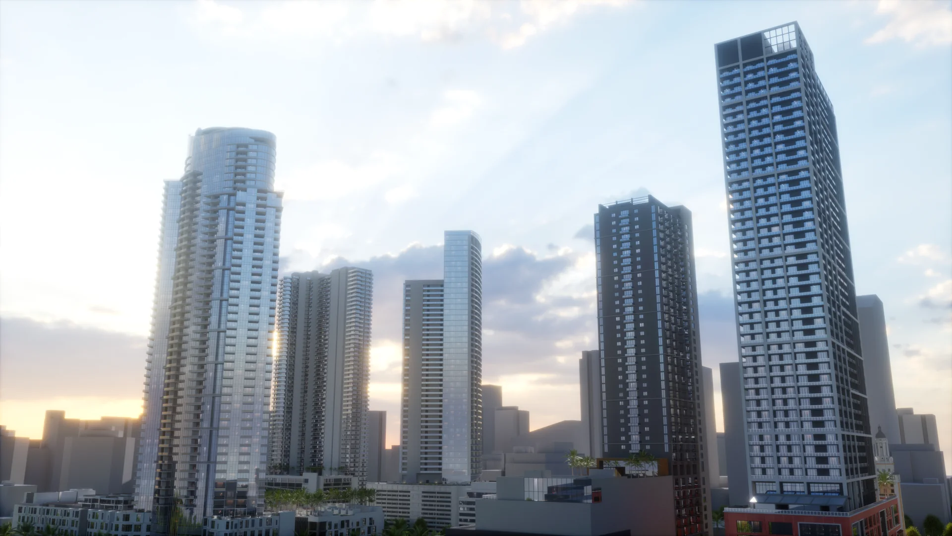 Florida skyline at sunset with residential towers and a red brick podium building