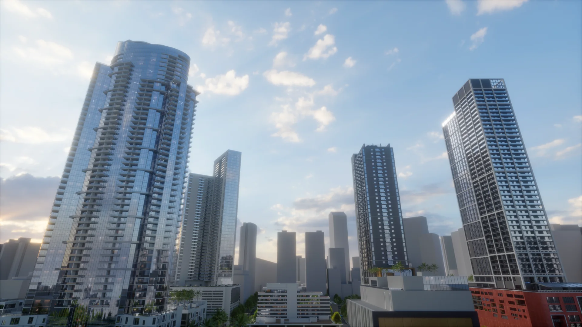 Tall glass tower and neighboring high-rises under scattered clouds, seen from the street