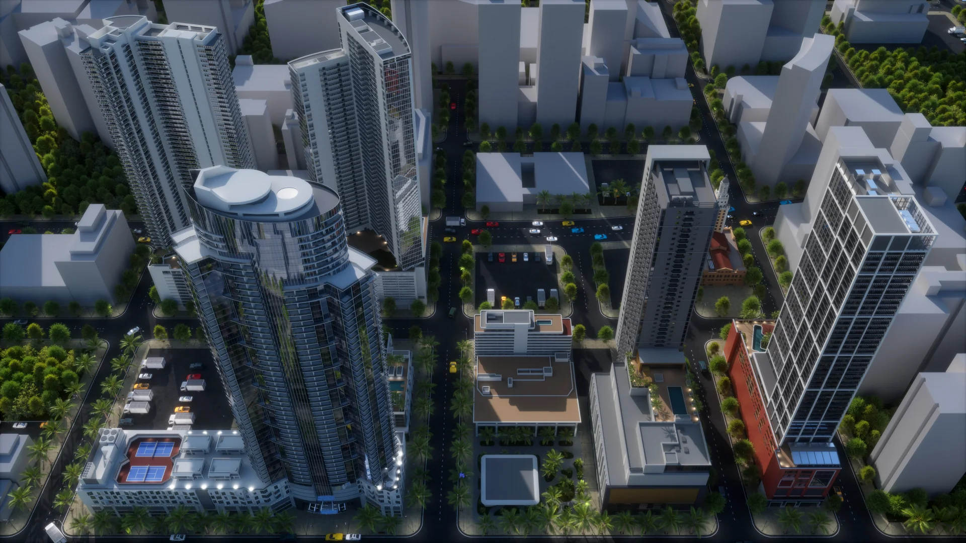 Aerial view of the district with rooftop pools, tennis courts and palm-lined streets
