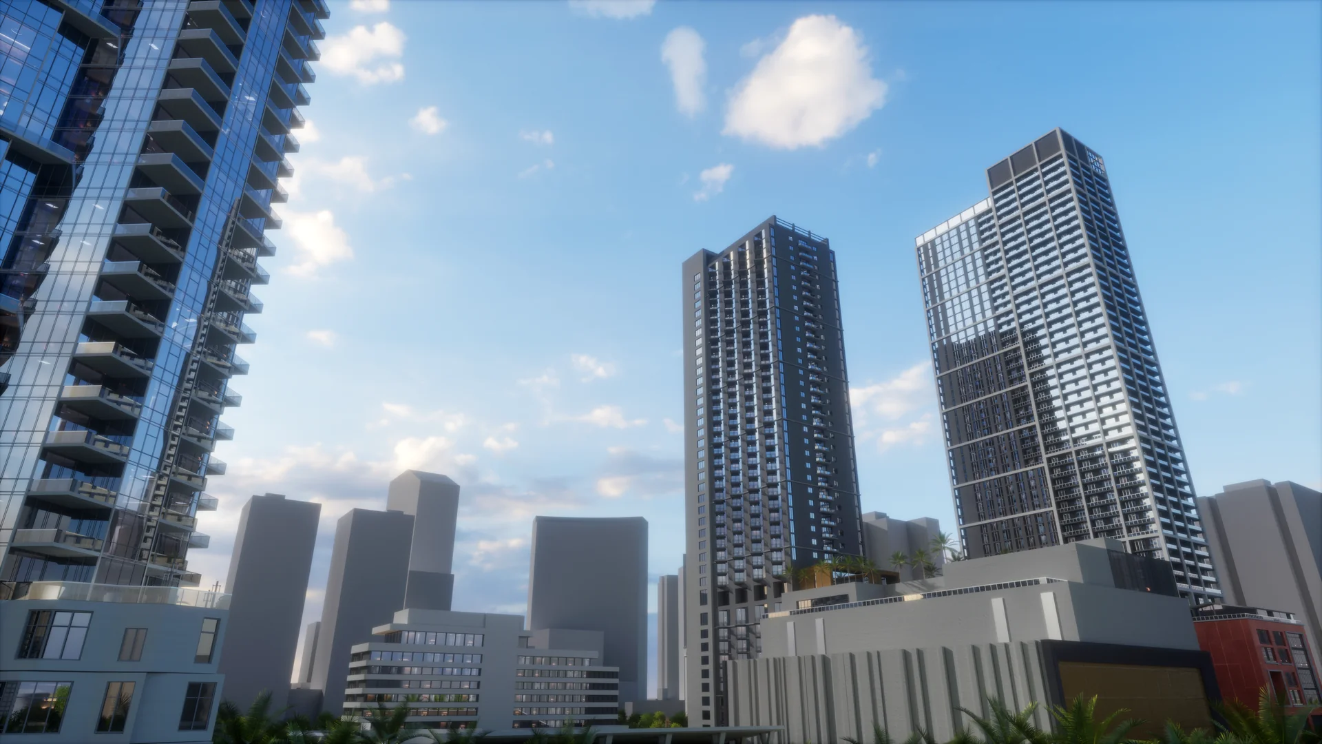 Street-level view between towers with balconies, rooftop planting and a red podium