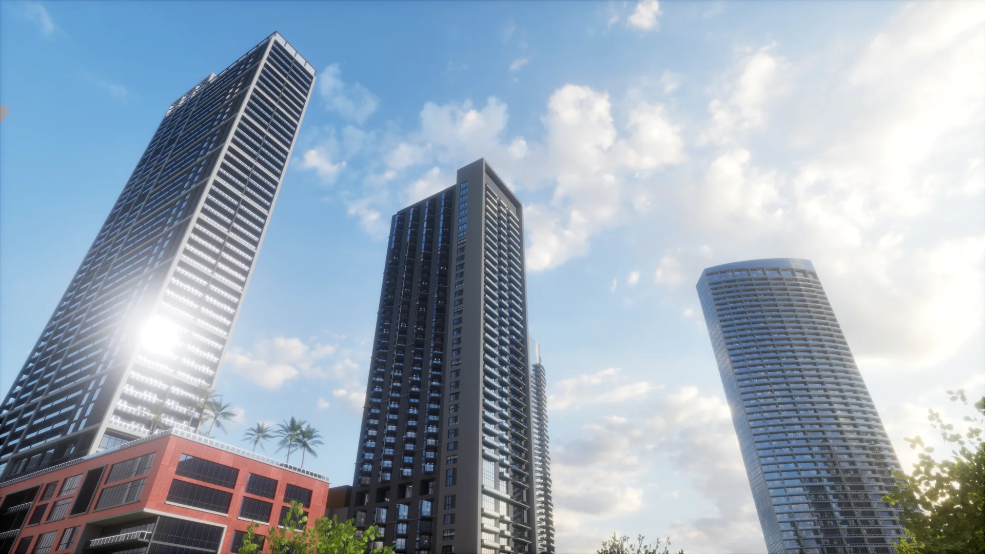Tilted low-angle shot of a black glass tower with a sun reflection on the facade