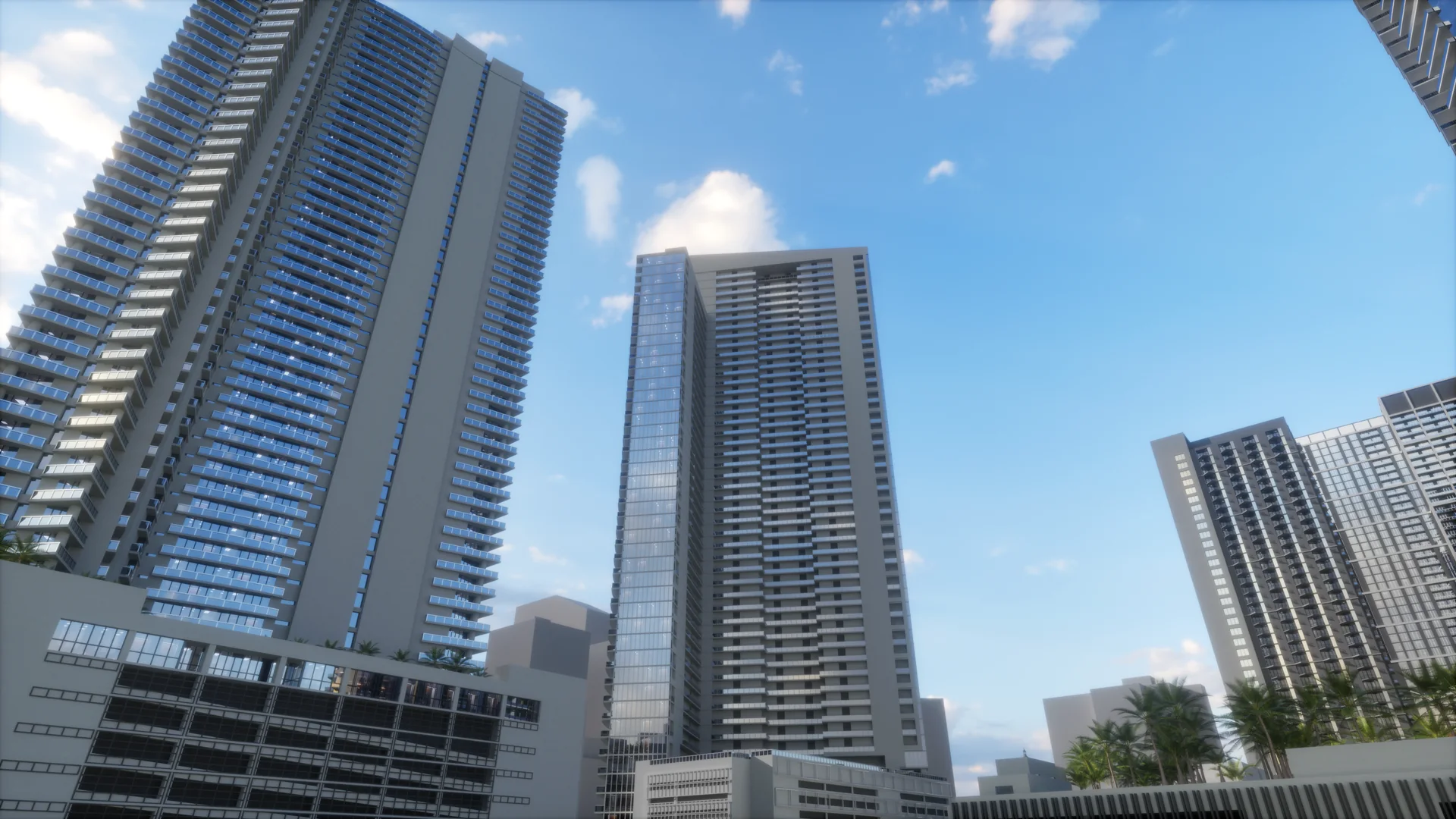 Residential towers with stacked balconies rising above a podium in late afternoon light