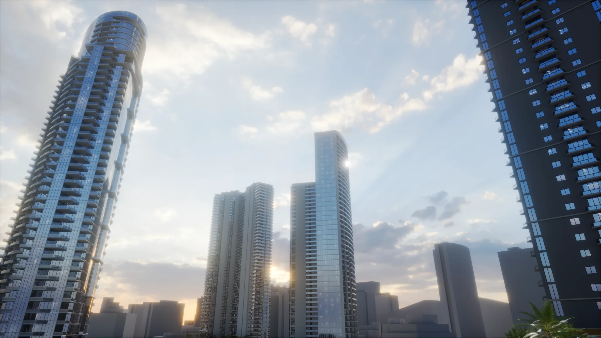 Curved glass skyscraper and a dark tower framing the sky at golden hour