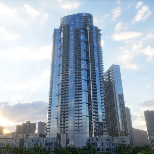 Glass residential tower at golden hour - architectural visualization in Unreal Engine