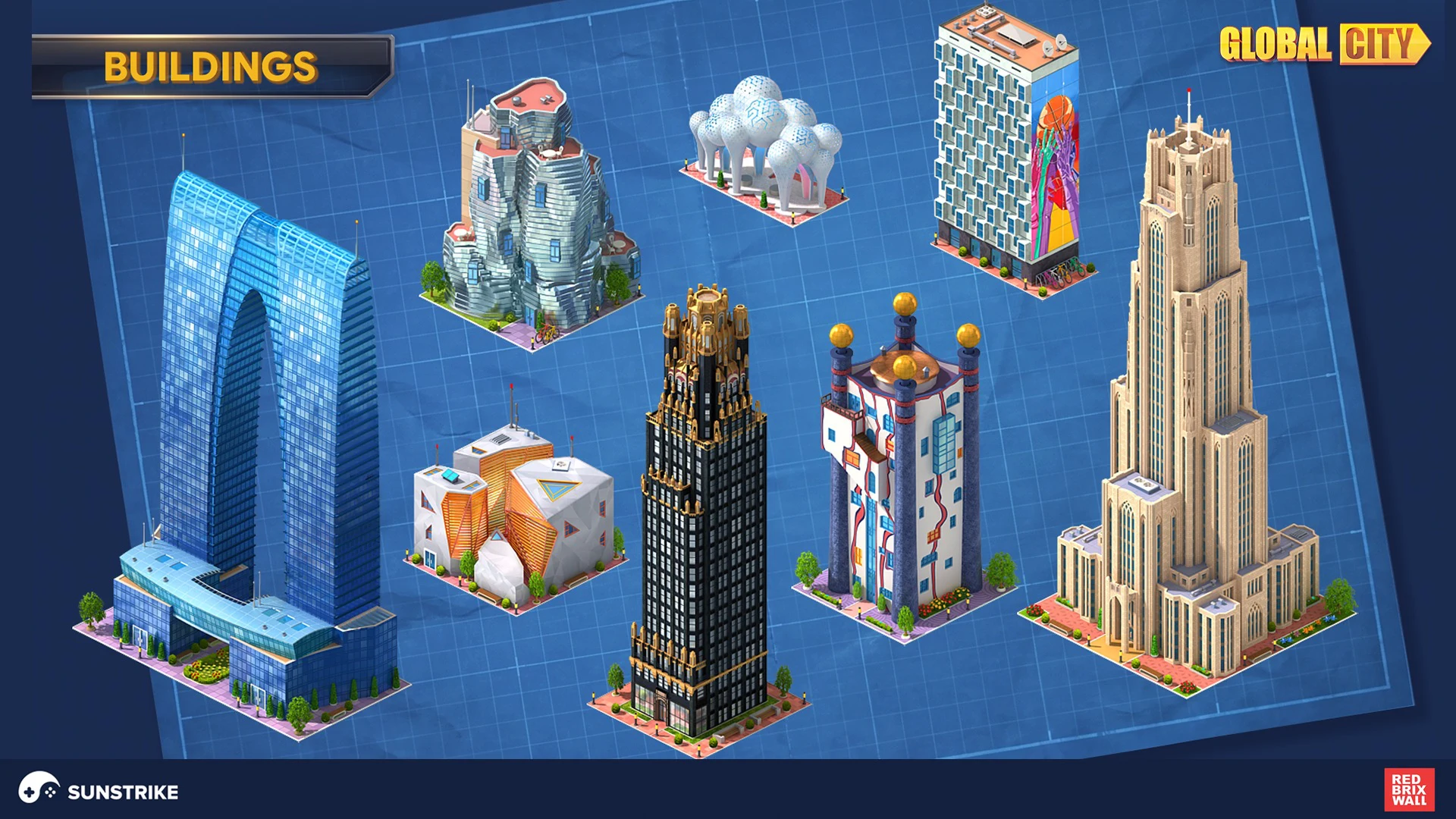 Isometric modern buildings with glass towers and a mural facade for Red Brix Wall: Global City