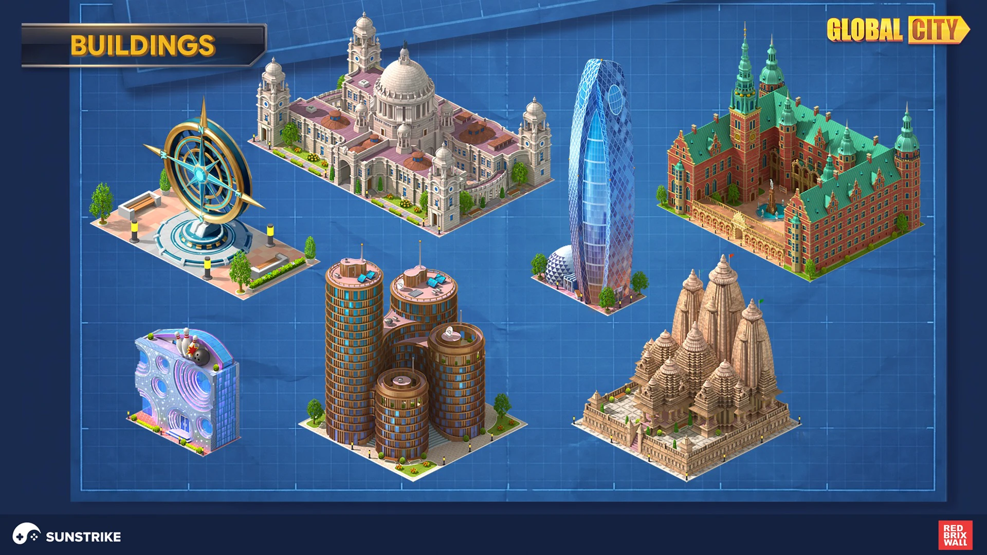Isometric landmark buildings including a cathedral, a castle and a temple for Red Brix Wall: Global City