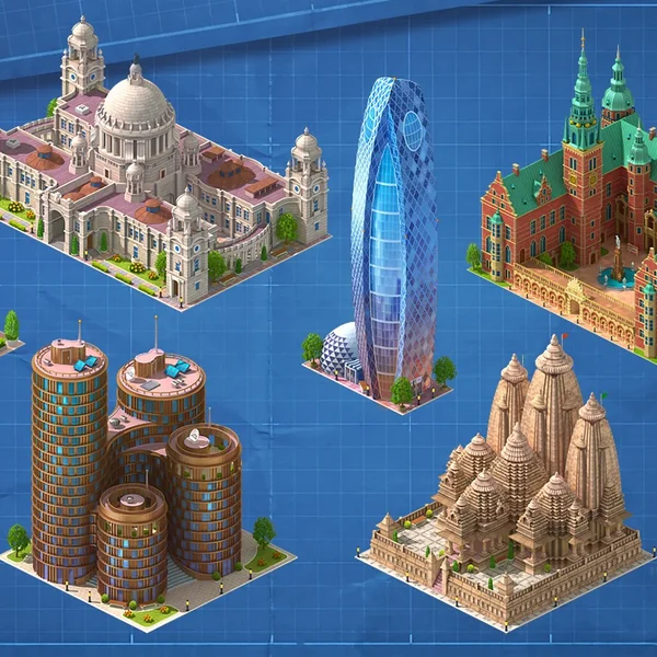 Red Brix Wall: Global City characters, avatars and isometric buildings