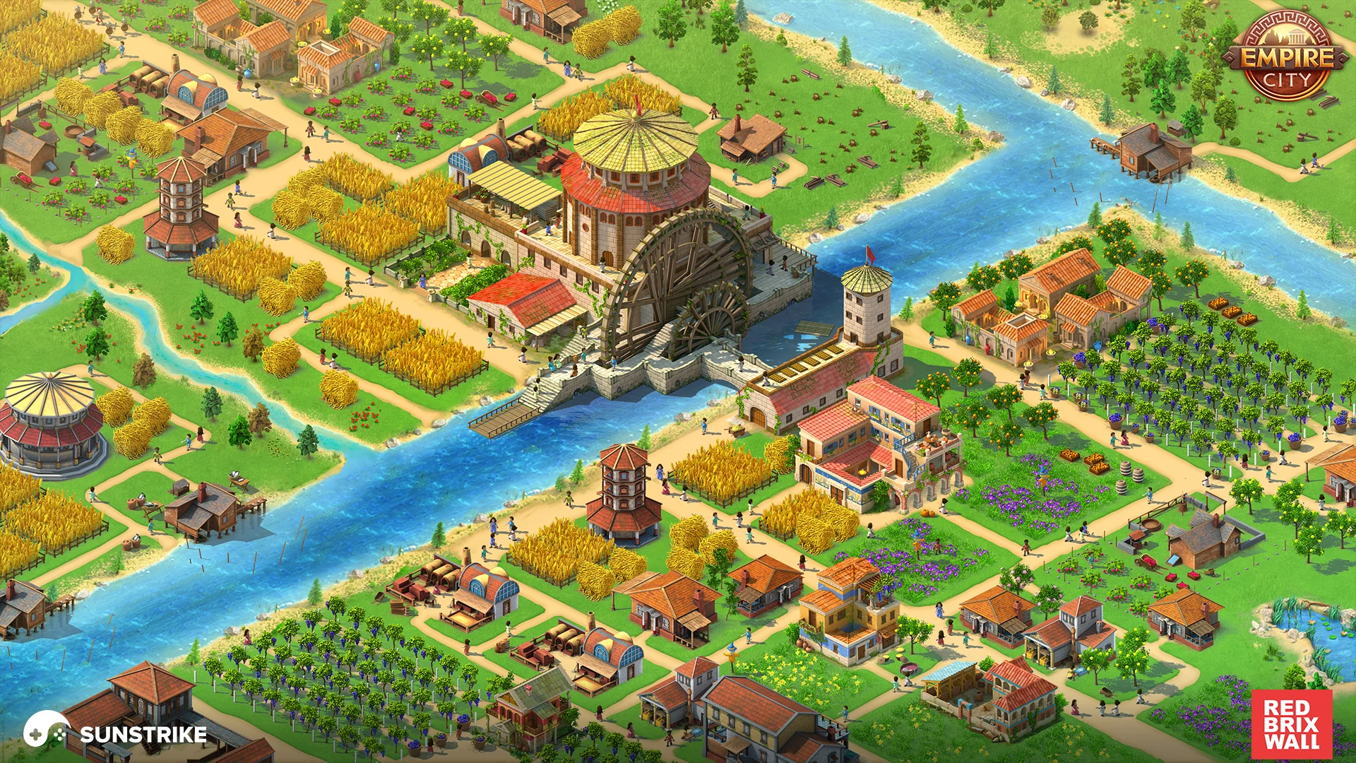 Empire City store key art with a riverside farming town