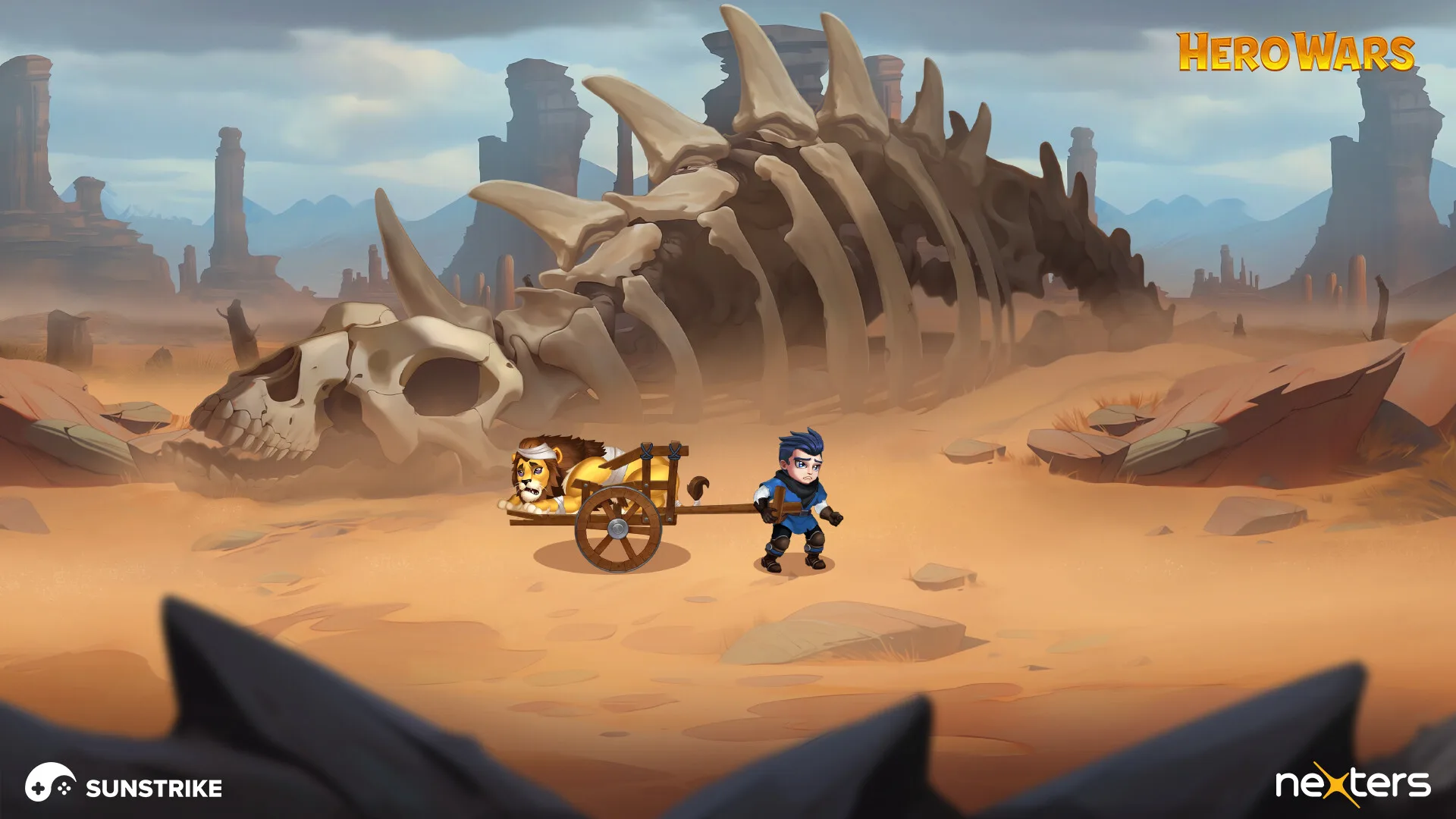 Hero Wars marketing illustration - hero hauling a cart with the lion companion past giant bone ruins, Nexters Hero Wars