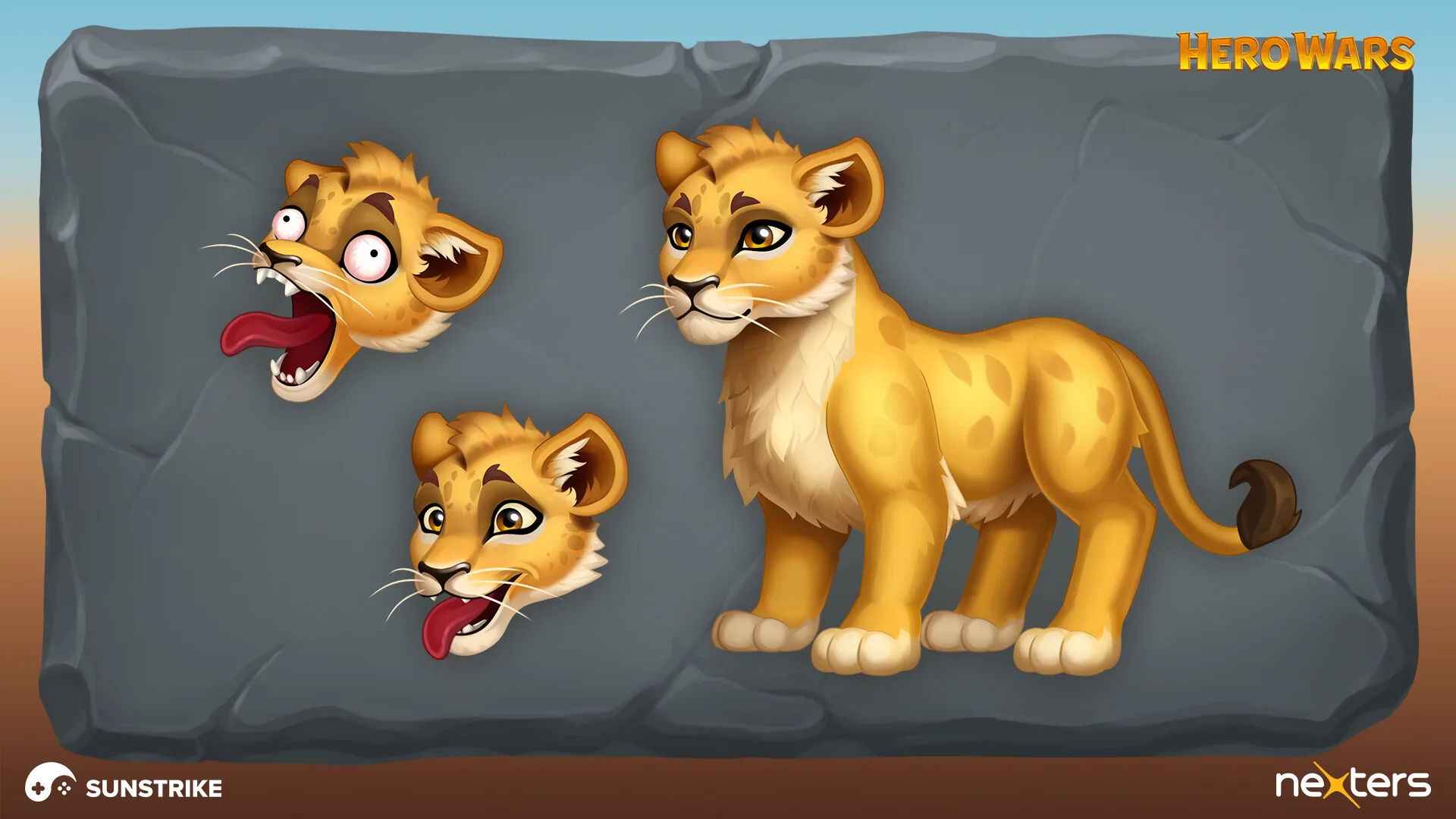 Hero Wars lion cub character sheet - cub face expressions and full-body pose by Sunstrike Studios