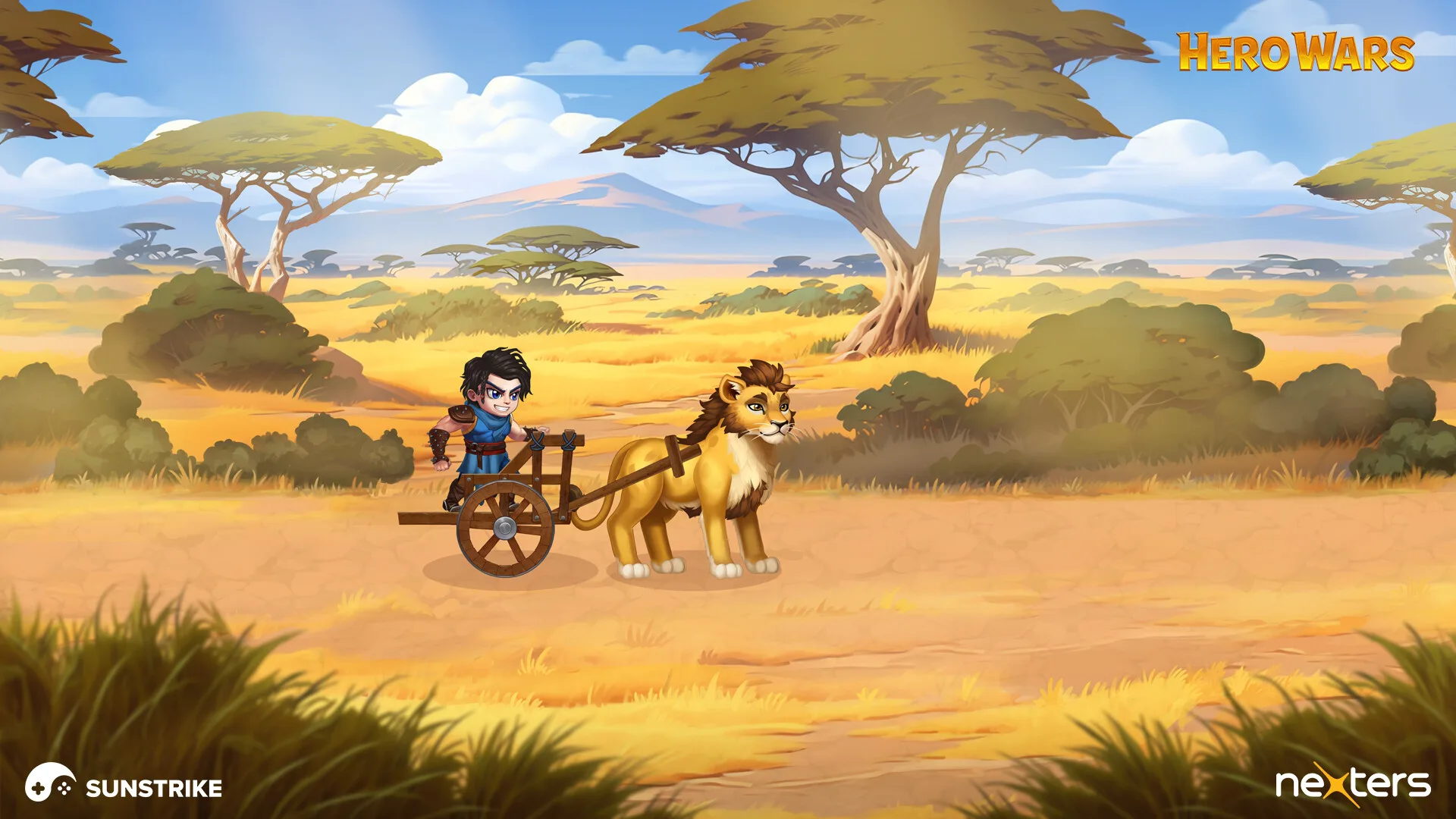 Hero Wars scene illustration - hero riding a lion-drawn cart across the savanna, Nexters Hero Wars