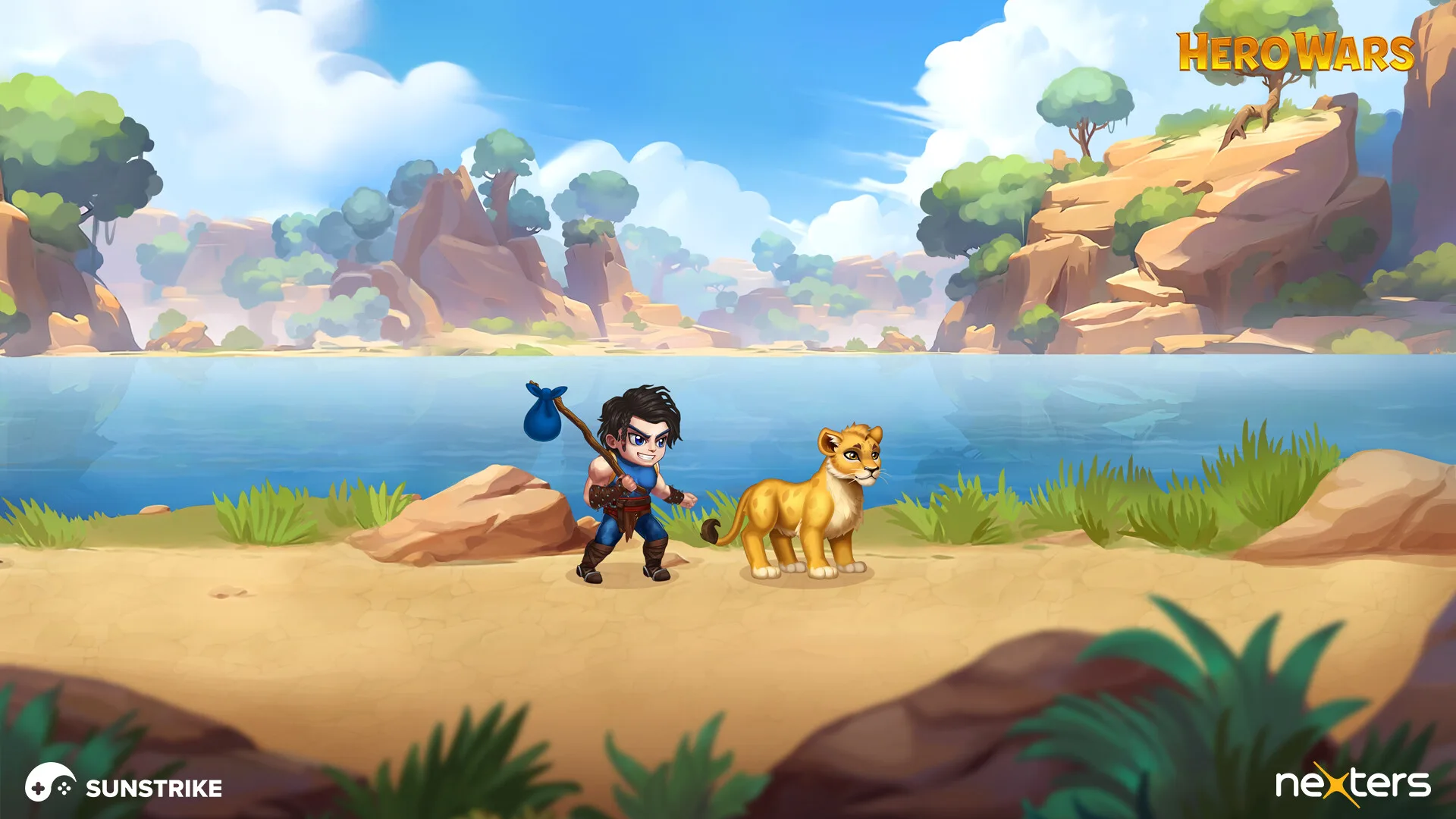 Hero Wars scene illustration - hero and lion cub by a lakeside, Nexters Hero Wars marketing art