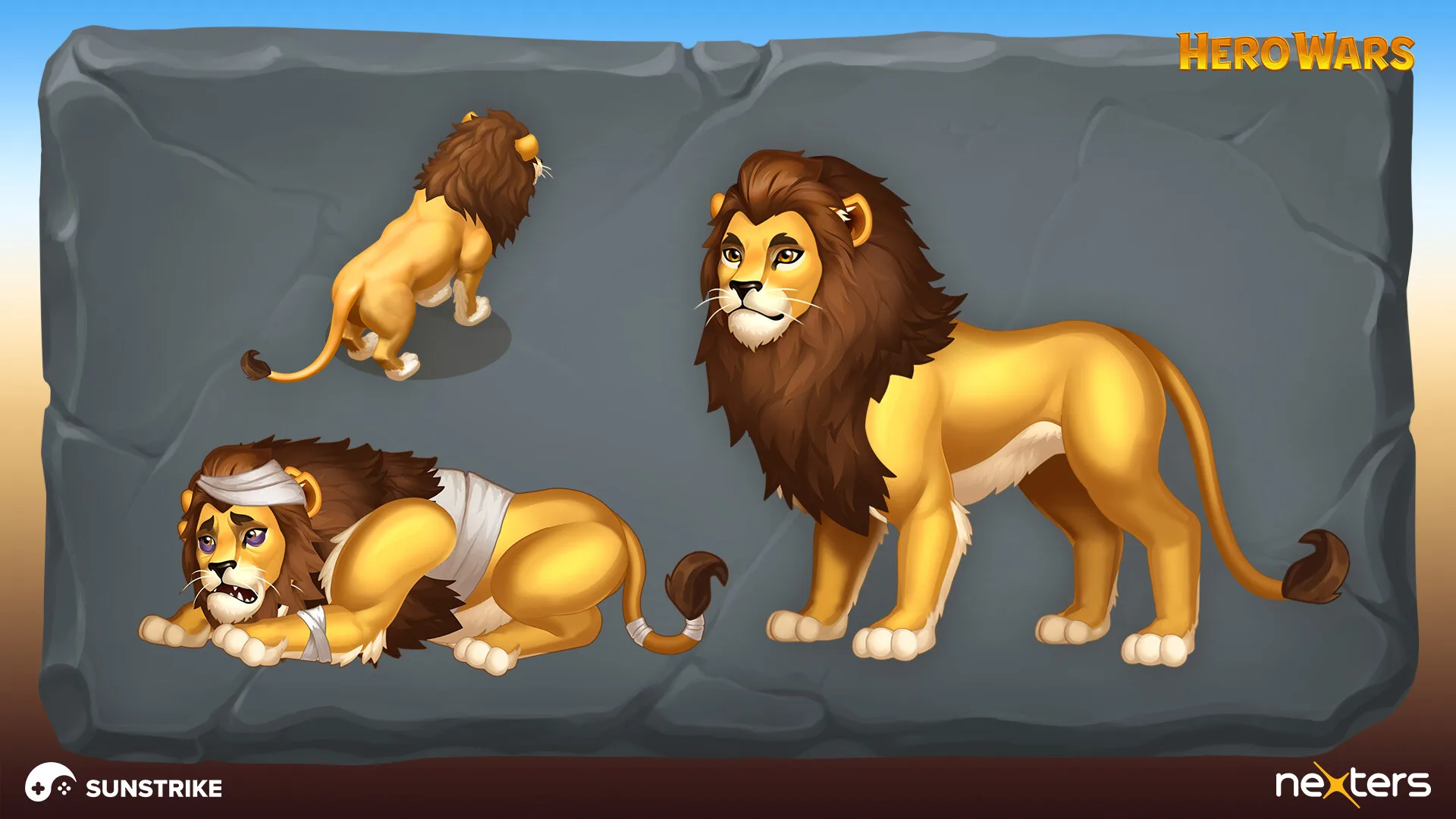 Hero Wars adult lion character sheet - full-grown lion poses including wounded and majestic stance, Nexters character art