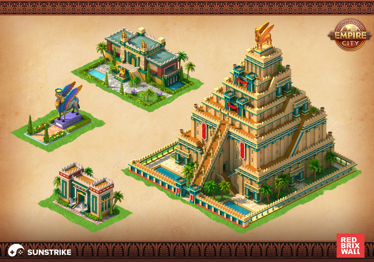 Isometric Babylonian-themed building pack for Red Brix Wall Empire City - golden ziggurat pyramid, hanging-gardens palace and winged-bull statue