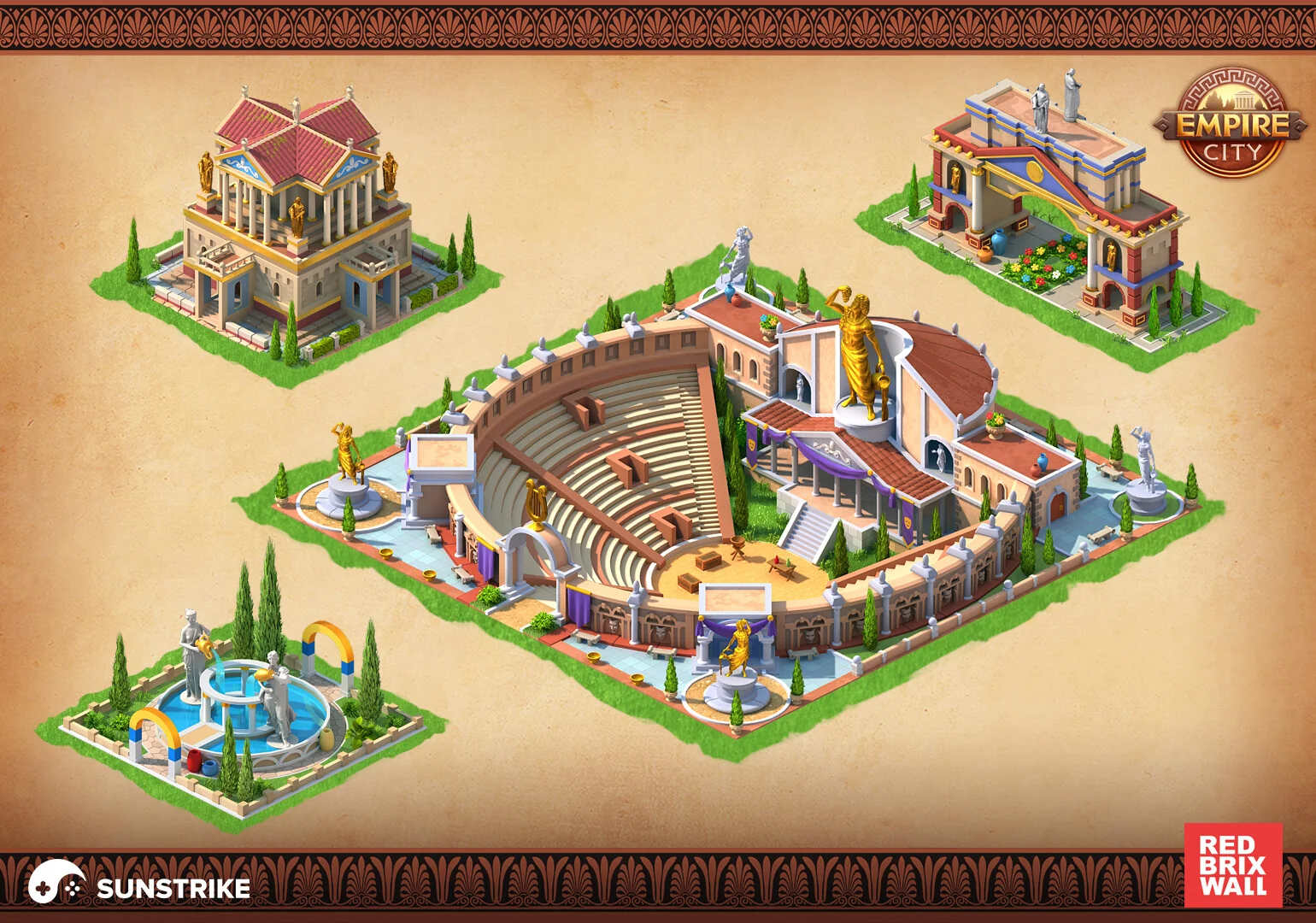 Isometric Greco-Roman building pack for Red Brix Wall Empire City - amphitheatre, columned temples and statue fountain garden