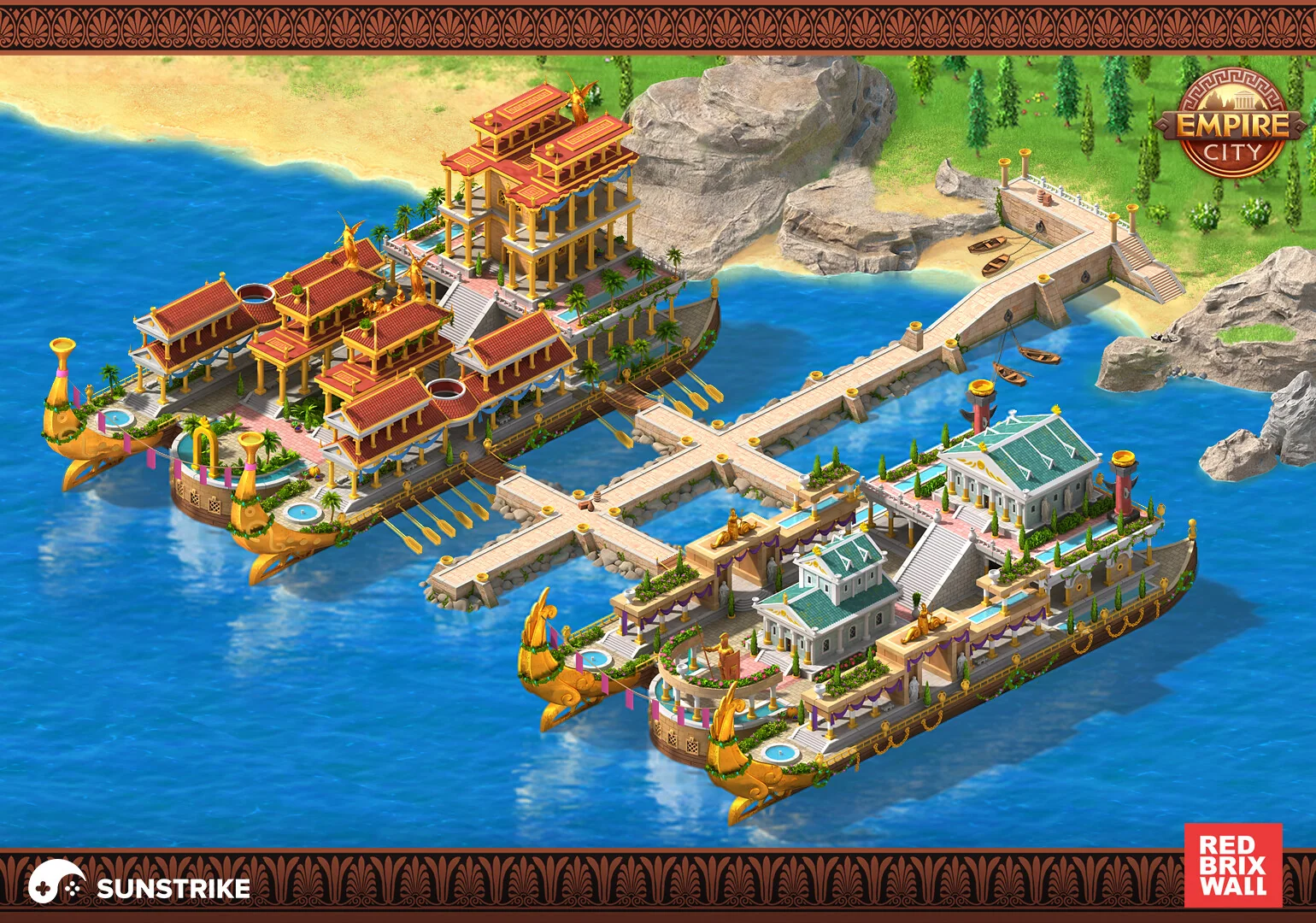 Isometric Phoenician-themed building pack for Red Brix Wall Empire City - seaside palace on red wooden barges over water