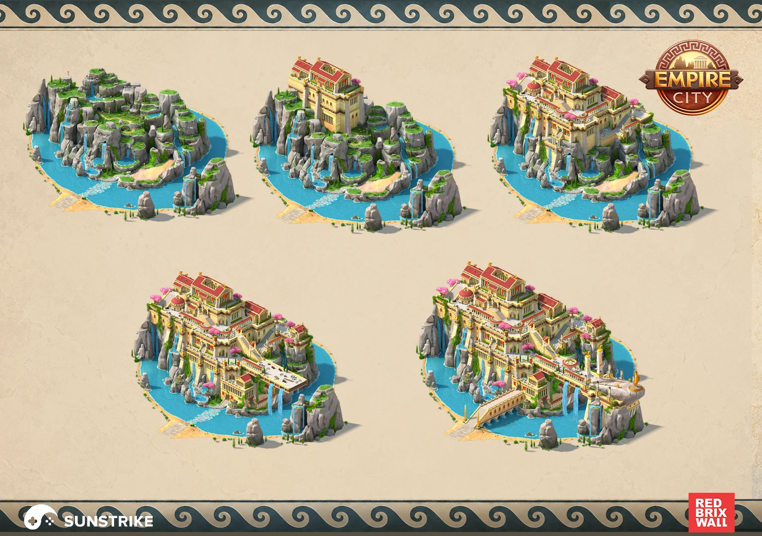 Asphodel Fields wonder for Empire City in five upgrade stages, from a rocky island to a terraced Greco-Roman palace - isometric game building art