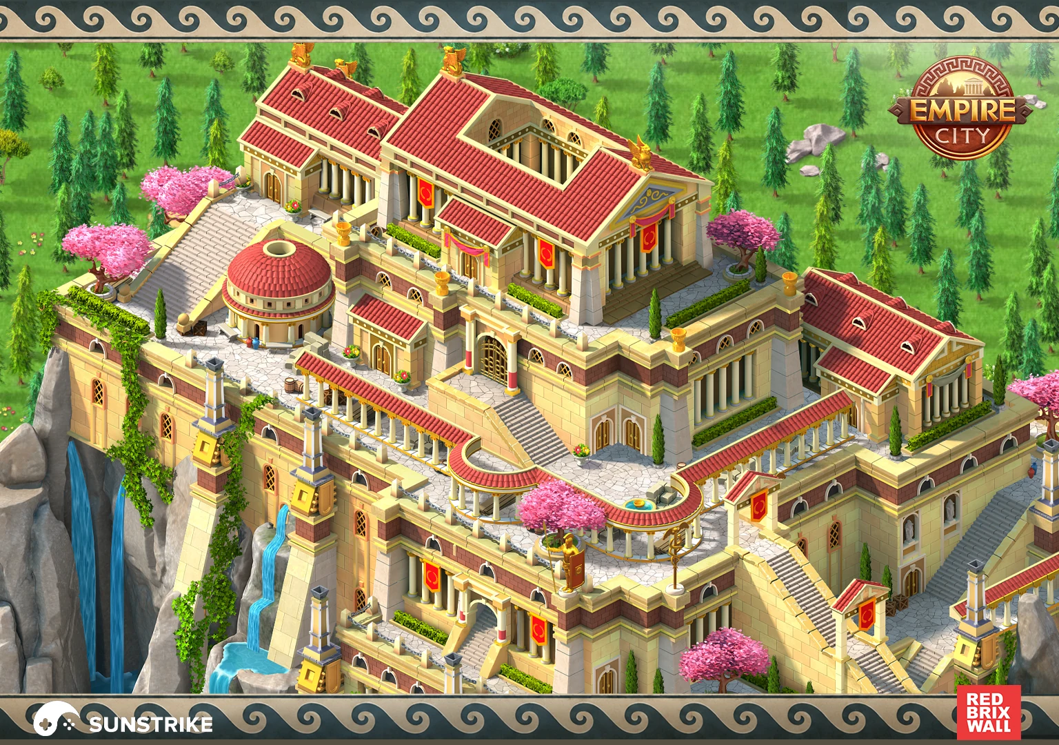 Asphodel Fields palace with red tiled roofs, a domed temple and cherry blossoms on a cliff - isometric city builder building