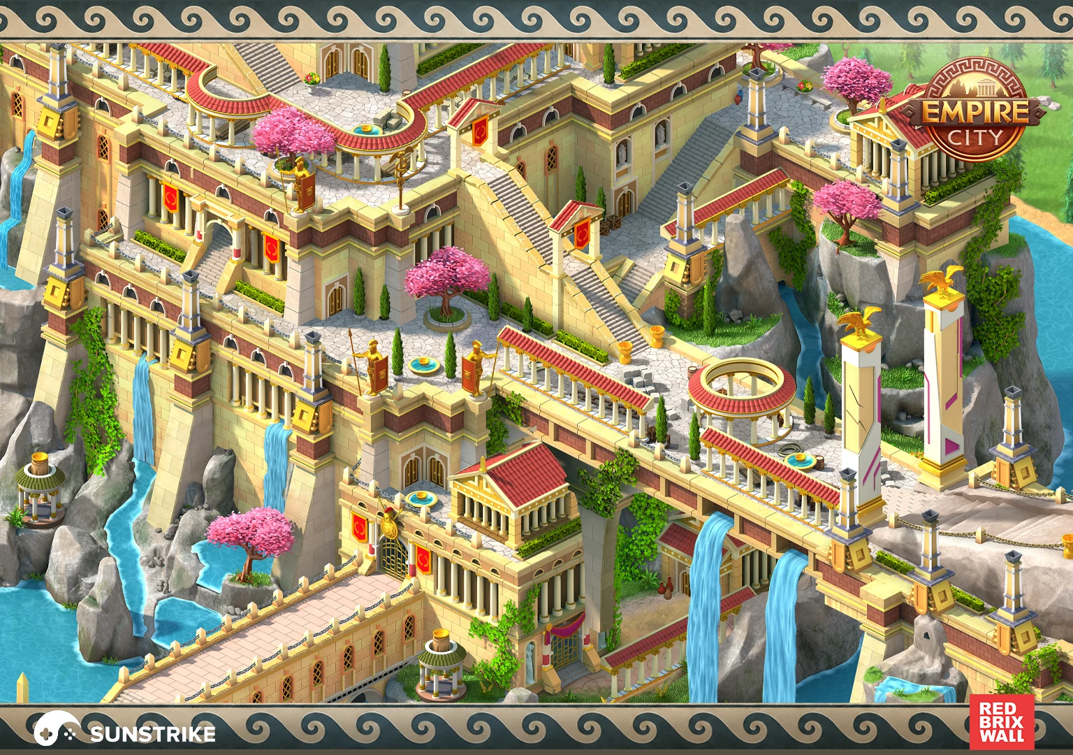 Close-up of Asphodel Fields terraces, colonnades, waterfalls and a stone bridge - isometric game environment art for Empire City