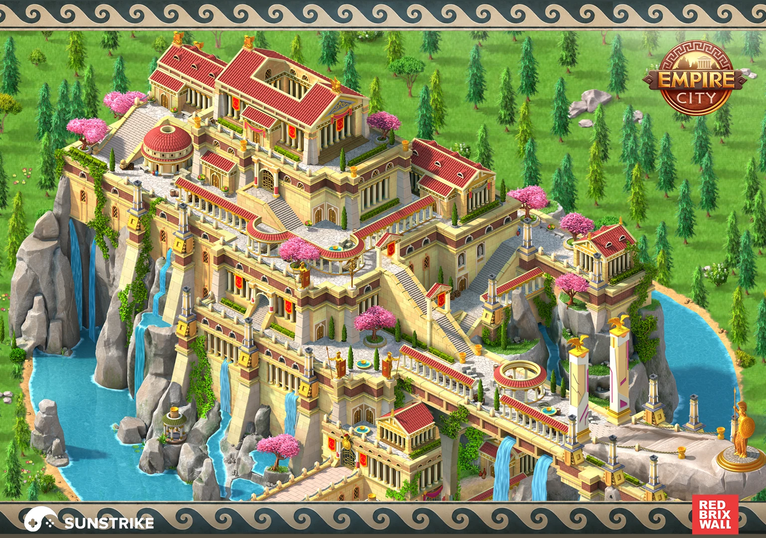 Asphodel Fields final upgrade stage with waterfalls, gardens and golden statues - isometric wonder for Red Brix Wall: Empire City