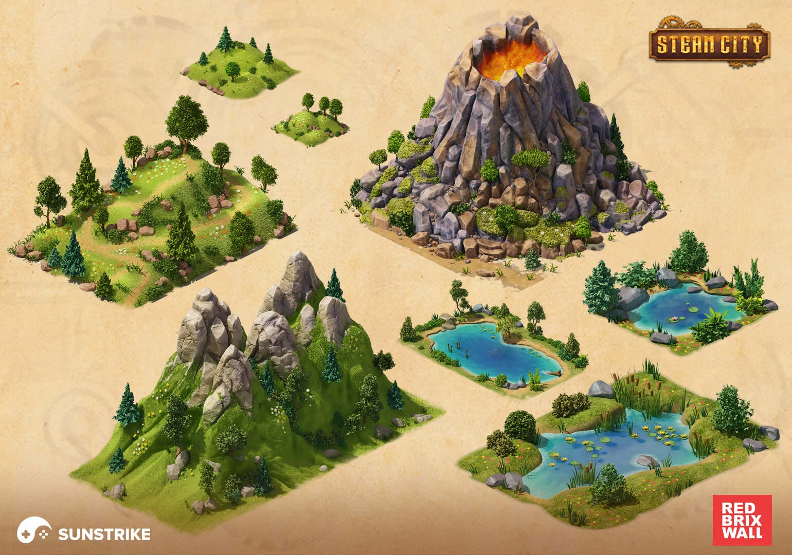 Isometric location design for Red Brix Wall: Steam City