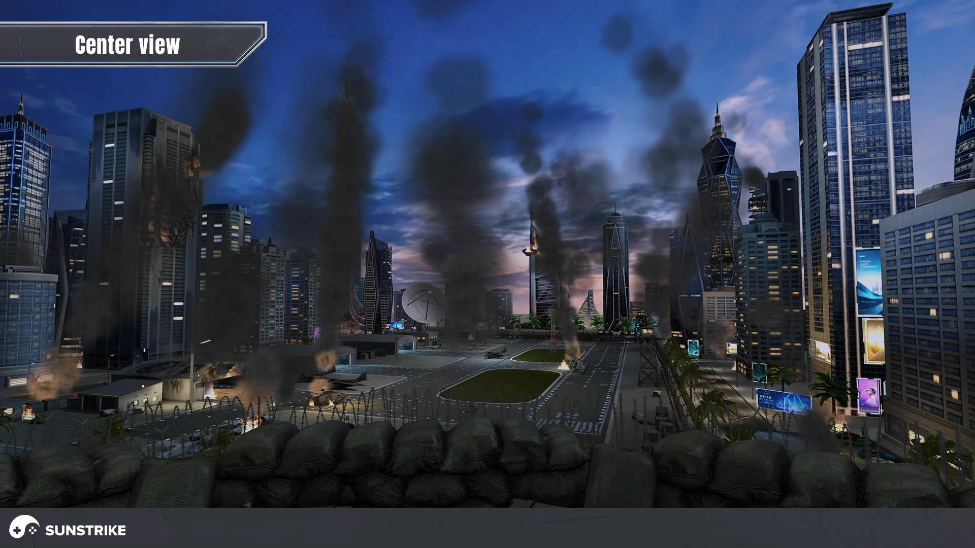 Center view from the firing point: a city square with burning skyscrapers and columns of smoke - mobile shooter level in Unity