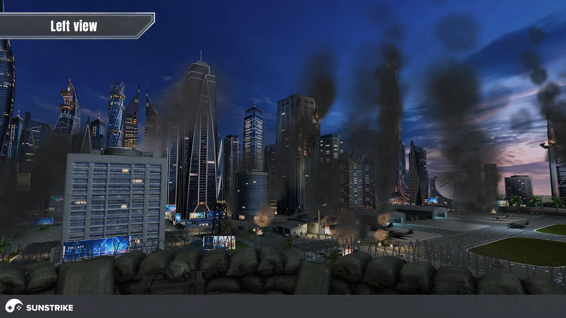 Left view of the Dubai level with an office block, lit billboards and smoke over the skyline