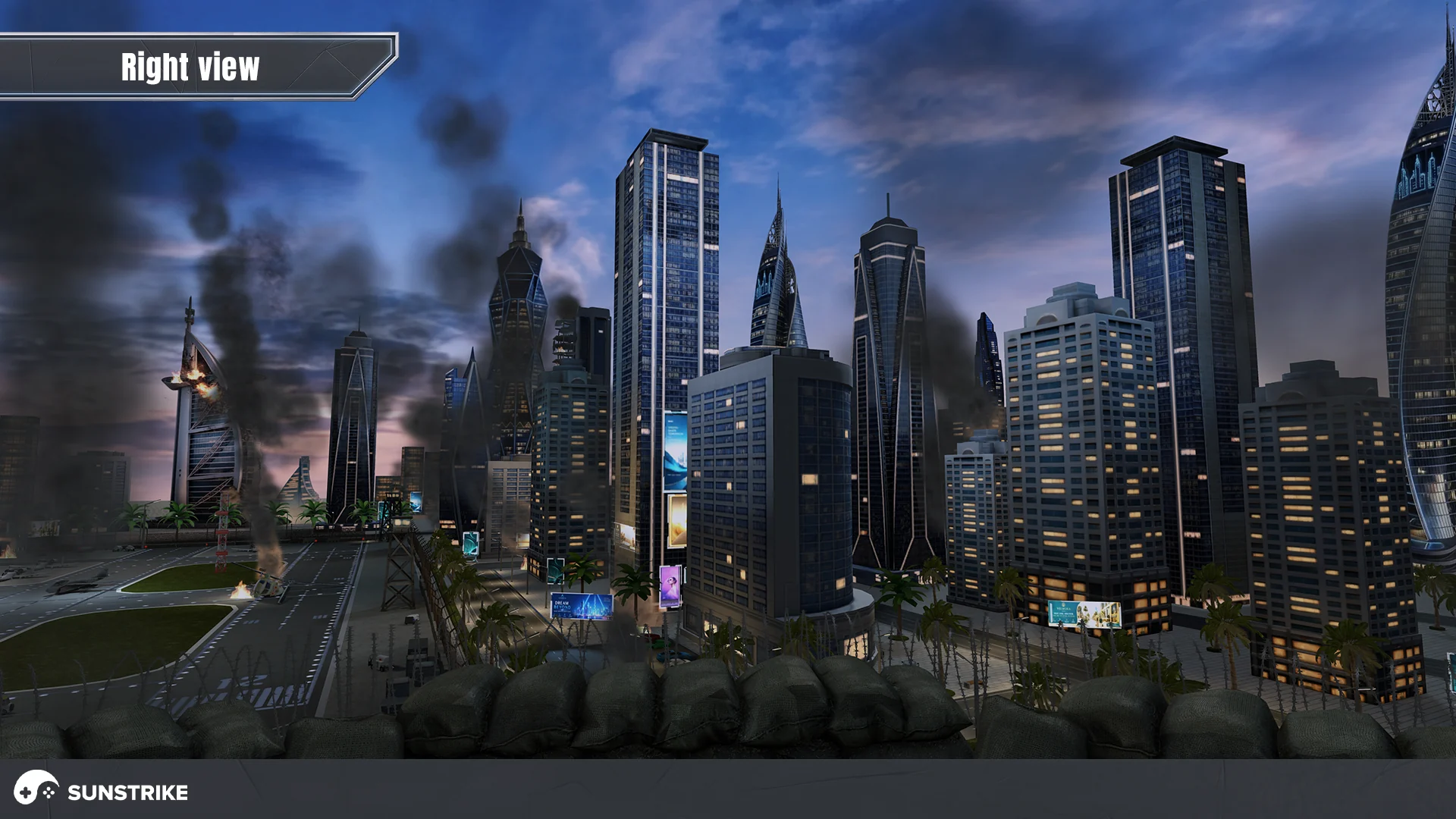 Right view of the Dubai level with glass towers, neon signs and an evening sky