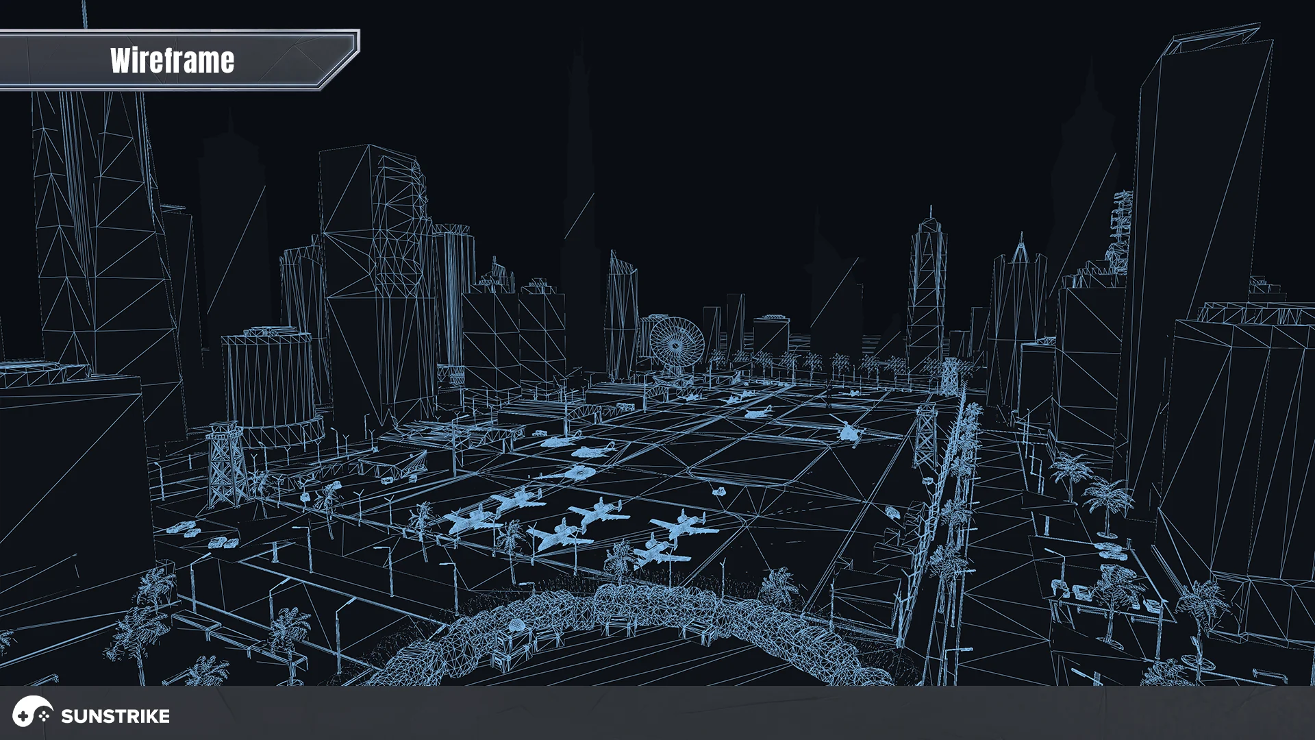 Wireframe view of the Dubai level showing the square, airfield props and low-poly skyscrapers