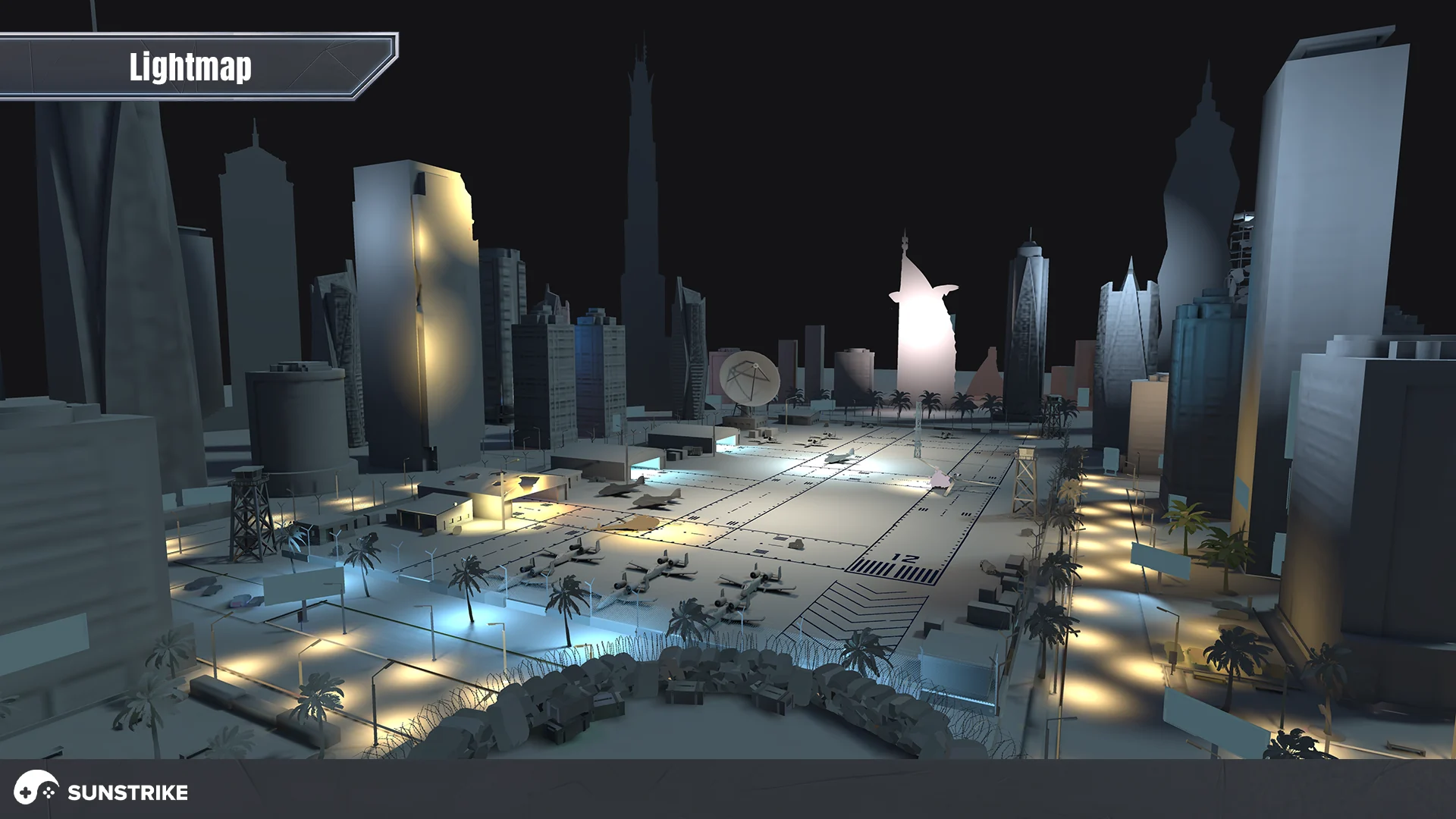 Lightmap view of the Dubai level with baked lighting on buildings, streets and the square