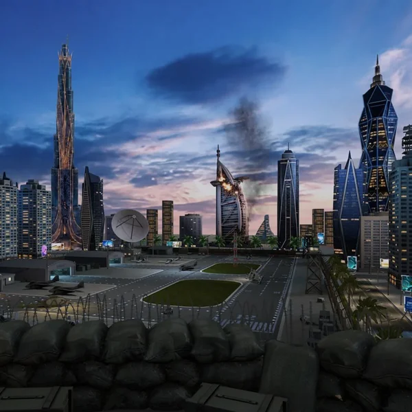 Dubai skyline at dusk seen from a sandbag firing point - Unity game level for Medal Hunter