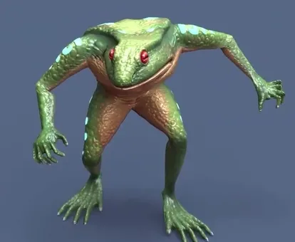 Green amphibian creature in a combat stance - 3D animation by SunStrike Studios
