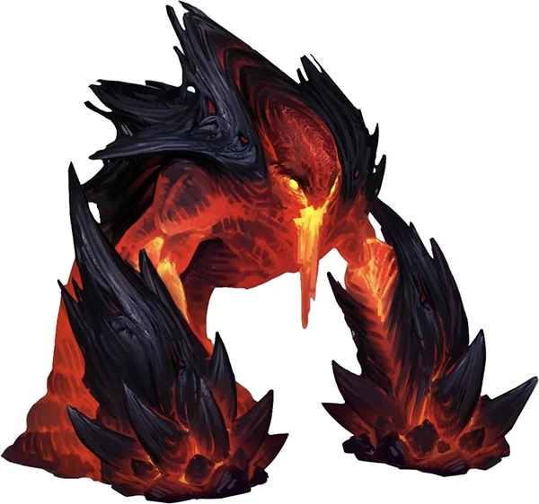 2D character concept art - fire and lava demon creature with glowing eye for mobile RPG