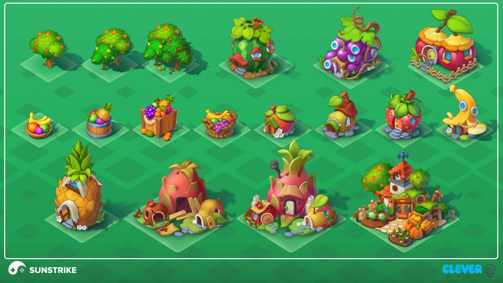 2D game art services - isometric fruit buildings and props for casual mobile game