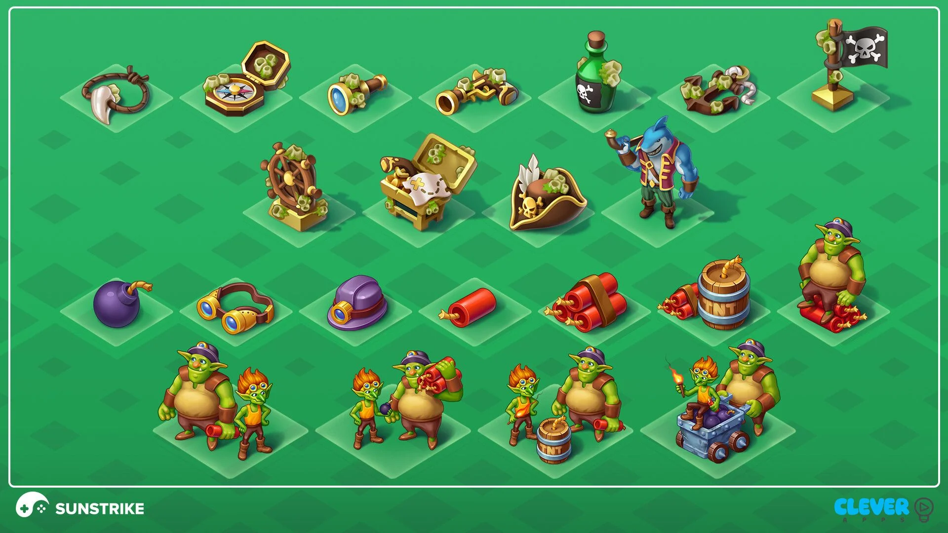 2D game art services - isometric pirate props, items and characters for casual mobile game